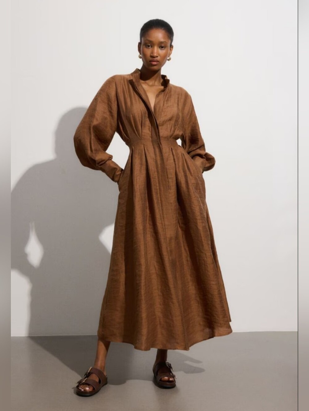 Reserved Linen blend Classic Long-Sleeve Brown Maxi Dress - O02